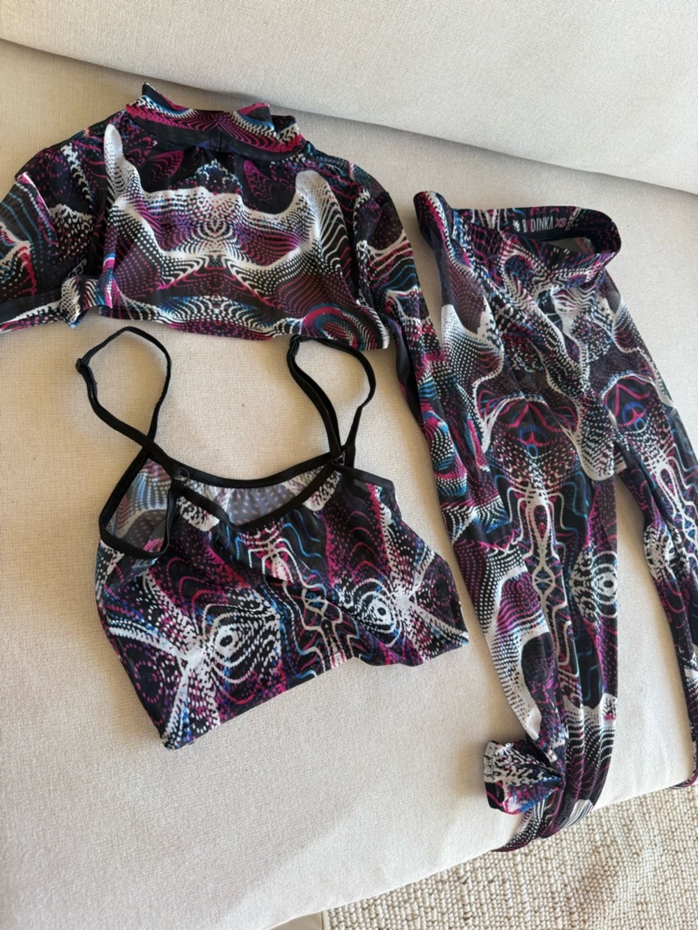 Abstract Kaleidoscope Leggings & Crop Top Set - Black/Purple 3 piece